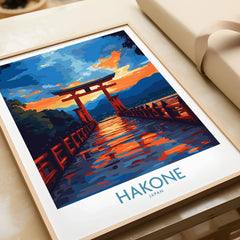 Hakone Wall Art - Japan Travel Poster in a natural wood frame beside wrapped gift packaging, close-up detail