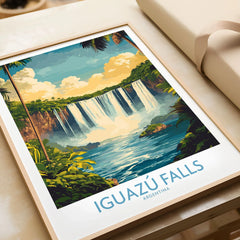 Iguazu Falls Wall Art Print in a natural wood frame beside wrapped gift packaging, close-up detail