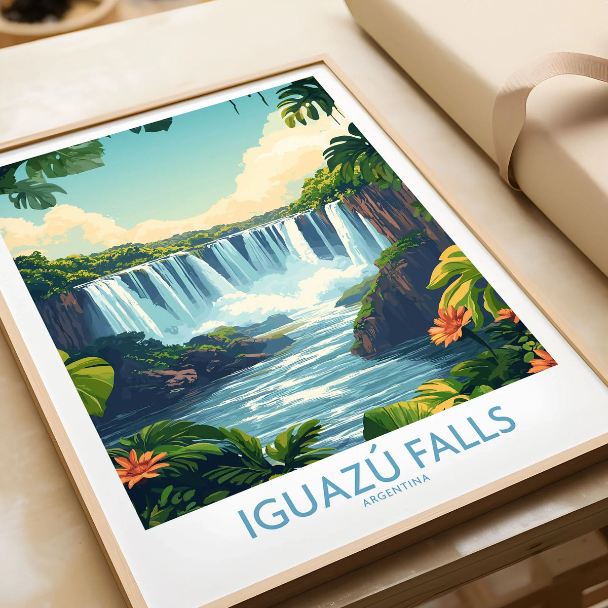 Iguazu Falls Poster Argentina in a natural wood frame beside wrapped gift packaging, close-up detail