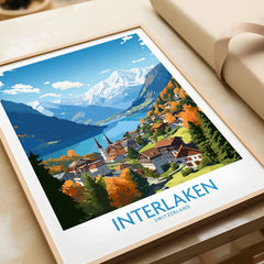 Interlaken Print in a natural wood frame beside wrapped gift packaging, close-up detail