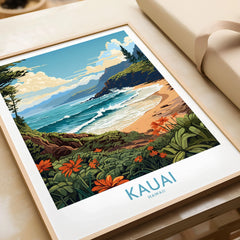 Kauai Travel Poster in a natural wood frame beside wrapped gift packaging, close-up detail