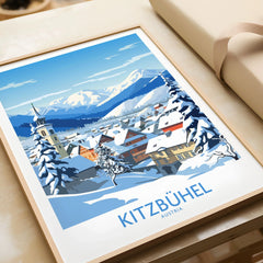 Kitzbuhel Austria Art Print in a natural wood frame beside wrapped gift packaging, close-up detail