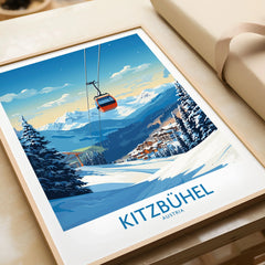 Kitzbuhel Wall Art Print in a natural wood frame beside wrapped gift packaging, close-up detail