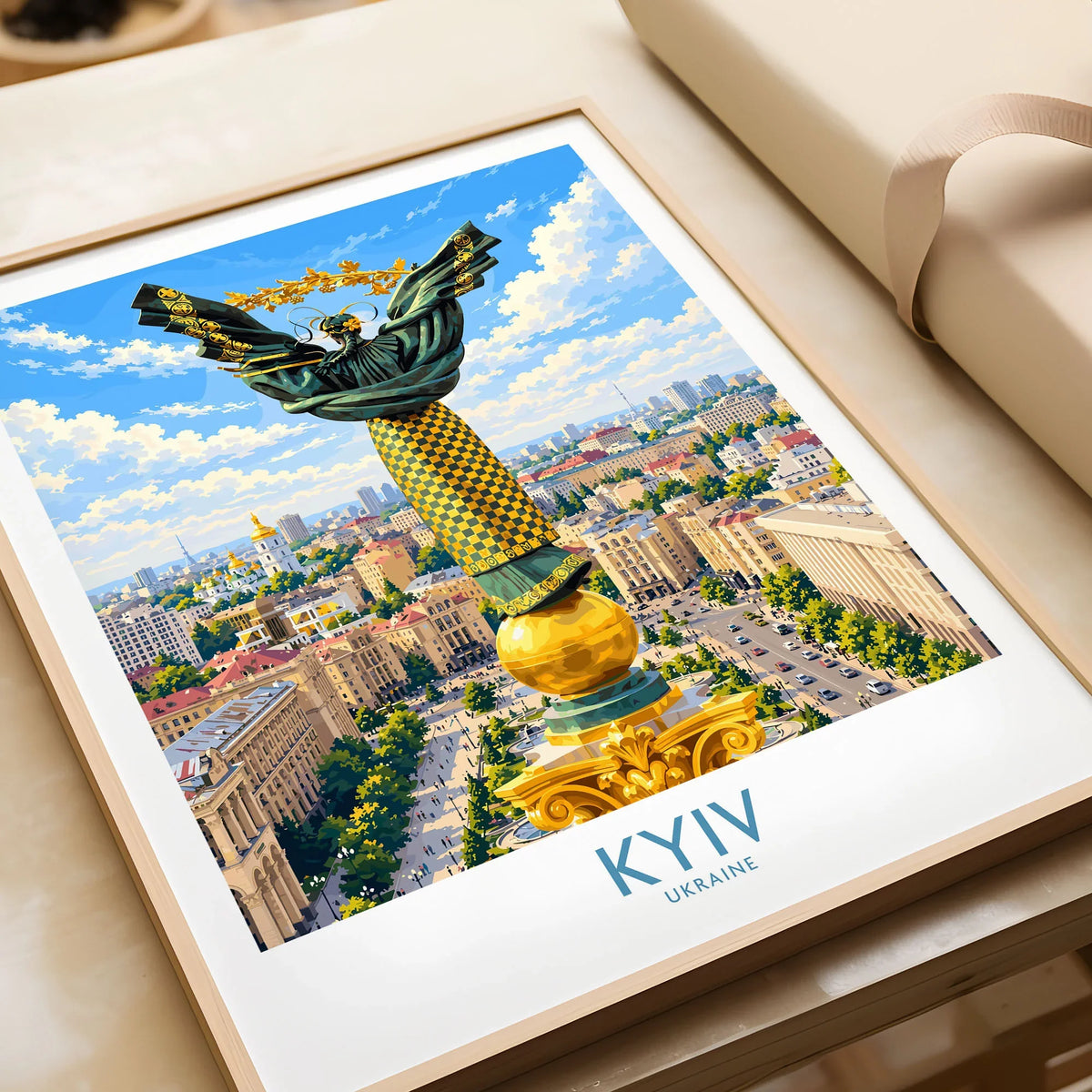 Kyiv Ukraine Maidan Square Wall Art — the Independence Monument rising above Maidan Nezalezhnosti and the Kyiv skyline, shown as framed art print closeup gift unwrapped natural frame