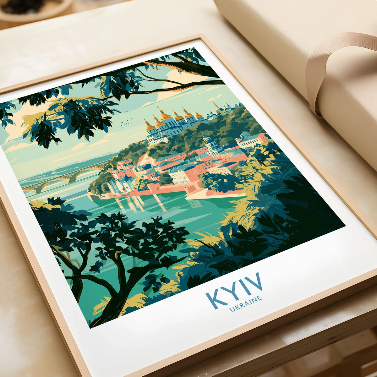 Kyiv Ukraine Dnipro River Wall Art — golden domes on a wooded bluff above the Dnipro river, shown as framed art print closeup gift unwrapped natural frame