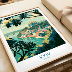 Kyiv Ukraine Dnipro River Wall Art — golden domes on a wooded bluff above the Dnipro river, shown as framed art print closeup gift unwrapped natural frame