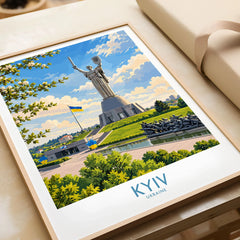 Kyiv Ukraine Spring Blossom Wall Art — the Motherland Monument under spring blossom with the Ukrainian flag flying, shown as framed art print closeup gift unwrapped natural frame
