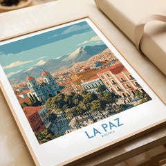 La Paz Bolivia Wall Art Poster - Bolivian Capital Travel Decor in a natural wood frame beside wrapped gift packaging, close-up detail