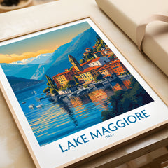 Lake Maggiore Italy Poster in a natural wood frame beside wrapped gift packaging, close-up detail