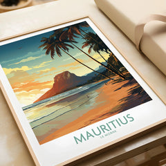 Mauritius Le Morne Print in a natural wood frame beside wrapped gift packaging, close-up detail
