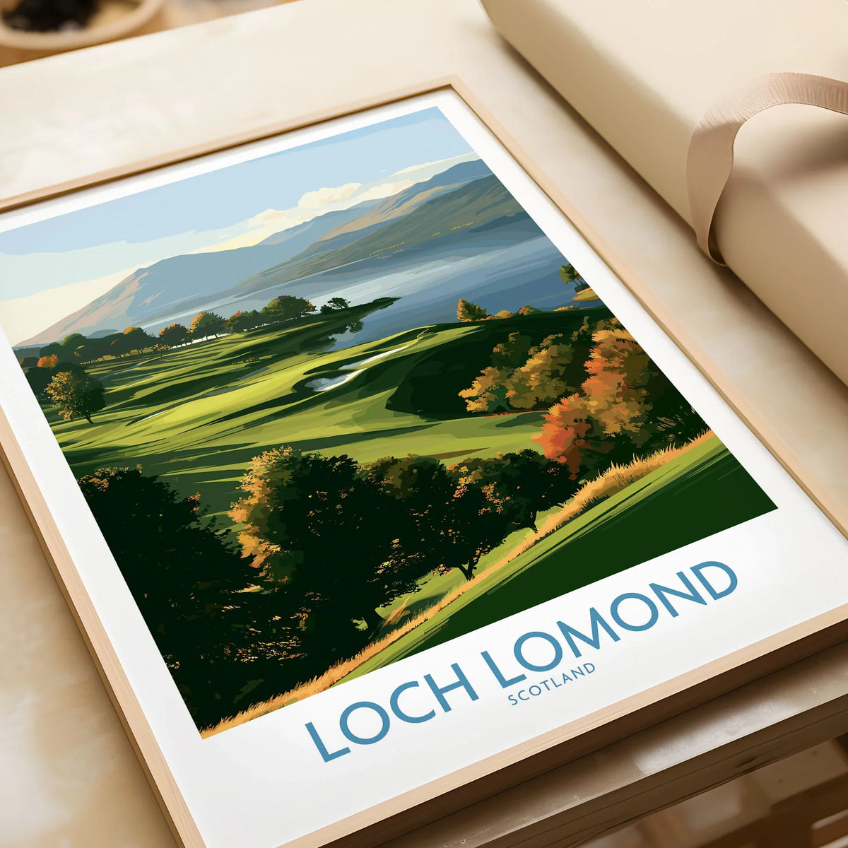 Loch Lomond Scotland Highland View Wall Art — autumn slopes rolling down to Loch Lomond with Highland hills beyond, shown as framed art print closeup gift unwrapped natural frame