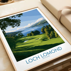 Loch Lomond Scotland Lochside Meadow Wall Art — a sunlit grassy shoreline running down to Loch Lomond under old oaks, shown as framed art print closeup gift unwrapped natural frame