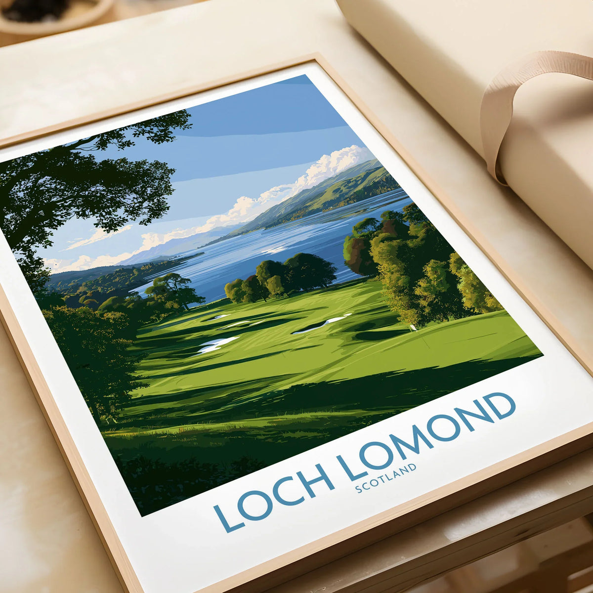 Loch Lomond Scotland Lochside Meadow Wall Art — a sunlit grassy shoreline running down to Loch Lomond under old oaks, shown as framed art print closeup gift unwrapped natural frame