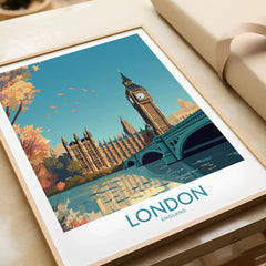 London Big Ben Wall Art | Modern Style in a natural wood frame beside wrapped gift packaging, close-up detail