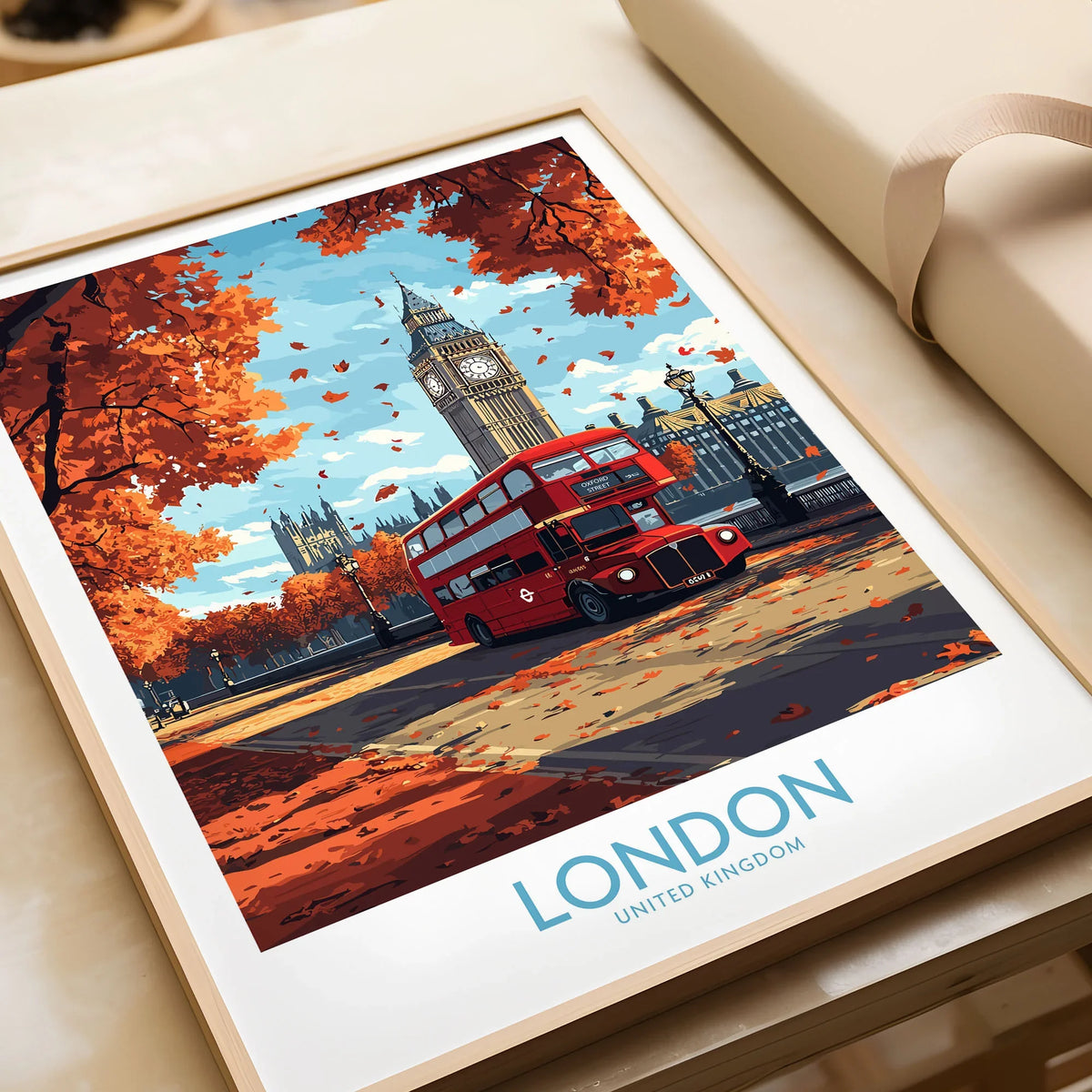 London Travel Poster in a natural wood frame beside wrapped gift packaging, close-up detail