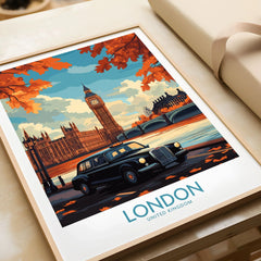 London Wall Art Print - Modern in a natural wood frame beside wrapped gift packaging, close-up detail