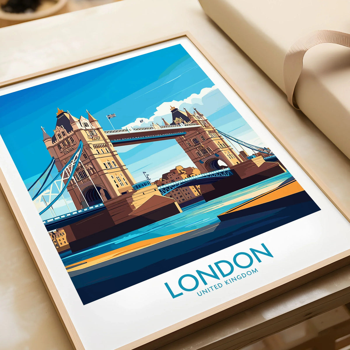 London Poster England in a natural wood frame beside wrapped gift packaging, close-up detail