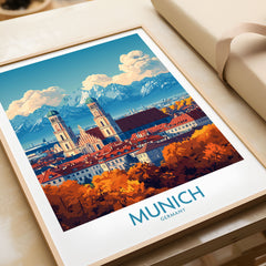 Munich Travel Poster in a natural wood frame beside wrapped gift packaging, close-up detail