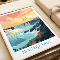 Niagara Falls Poster in a natural wood frame beside wrapped gift packaging, close-up detail