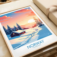 Norway Poster Print in a natural wood frame beside wrapped gift packaging, close-up detail
