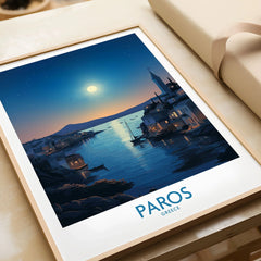 Paros Poster Greece in a natural wood frame beside wrapped gift packaging, close-up detail