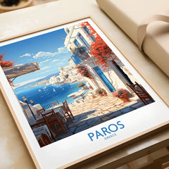 Paros Wall Art Greece in a natural wood frame beside wrapped gift packaging, close-up detail