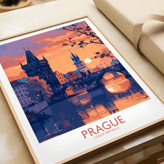 Prague Print in a natural wood frame beside wrapped gift packaging, close-up detail