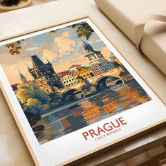 Prague Travel Poster in a natural wood frame beside wrapped gift packaging, close-up detail