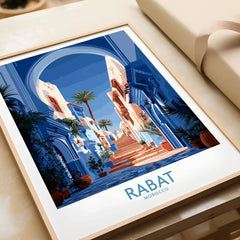 Rabat Morocco Blue Alleyway Wall Art — a blue-washed medina lane and stone steps seen through a horseshoe arch, shown as framed art print closeup gift unwrapped natural frame