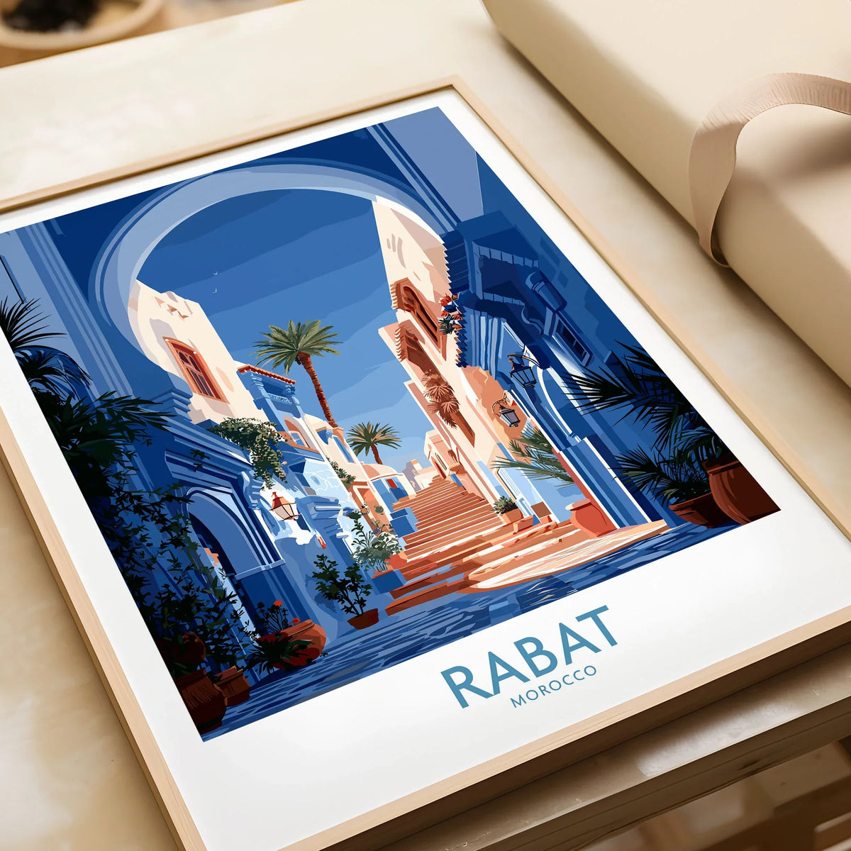 Rabat Morocco Blue Alleyway Wall Art — a blue-washed medina lane and stone steps seen through a horseshoe arch, shown as framed art print closeup gift unwrapped natural frame