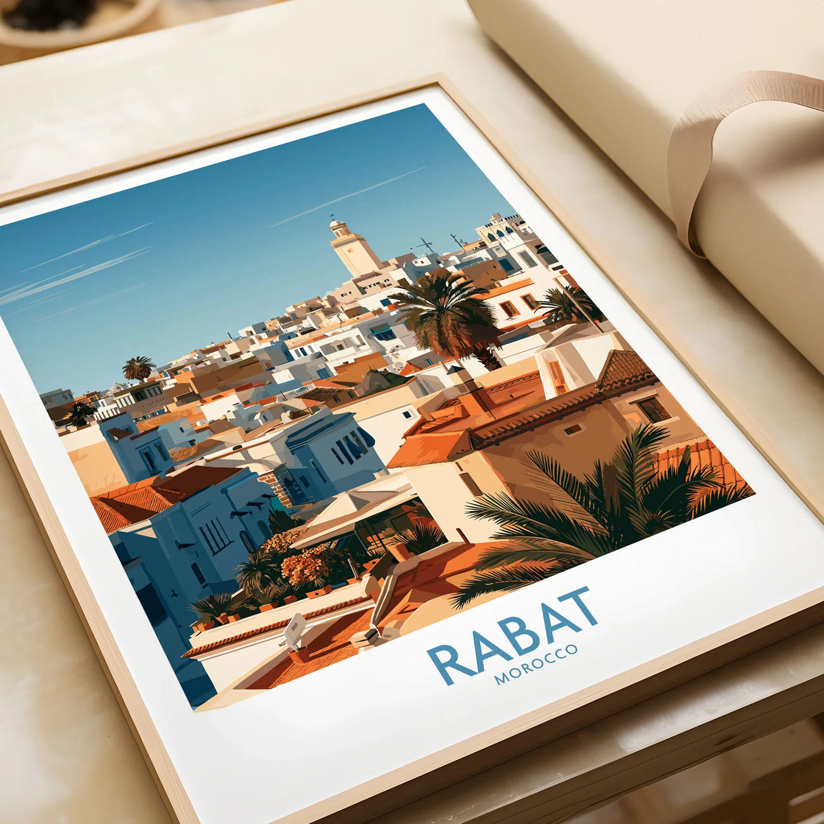 Rabat Morocco Minaret Skyline Wall Art — medina rooftops and a pale minaret in late afternoon sun, shown as framed art print closeup gift unwrapped natural frame