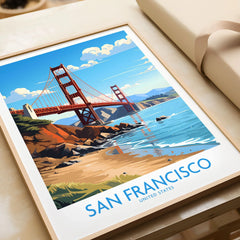 San Francisco Poster in a natural wood frame beside wrapped gift packaging, close-up detail