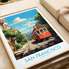San Francisco Wall Prints in a natural wood frame beside wrapped gift packaging, close-up detail