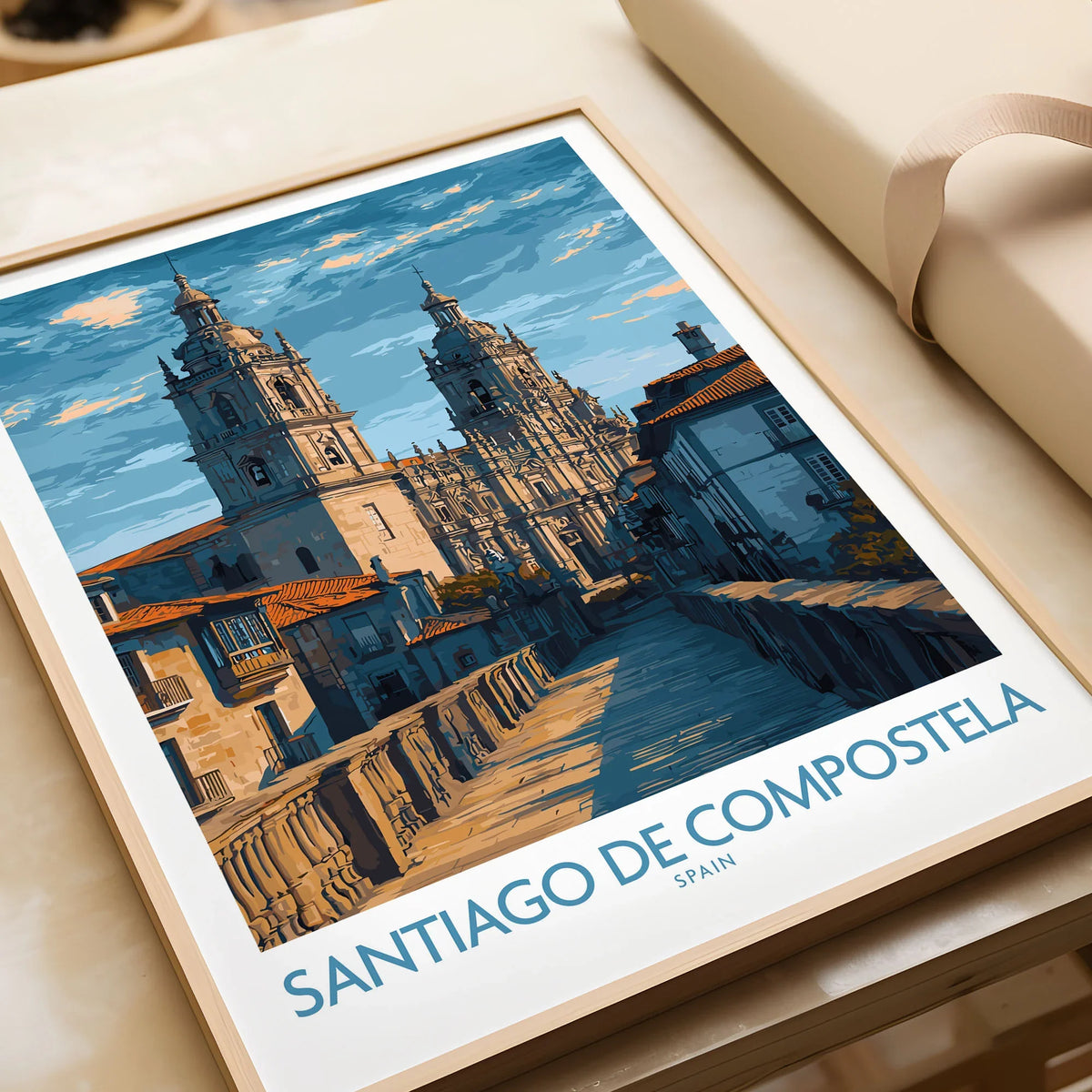 Santiago de Compostela Art Print | Galician Travel Poster in a natural wood frame beside wrapped gift packaging, close-up detail
