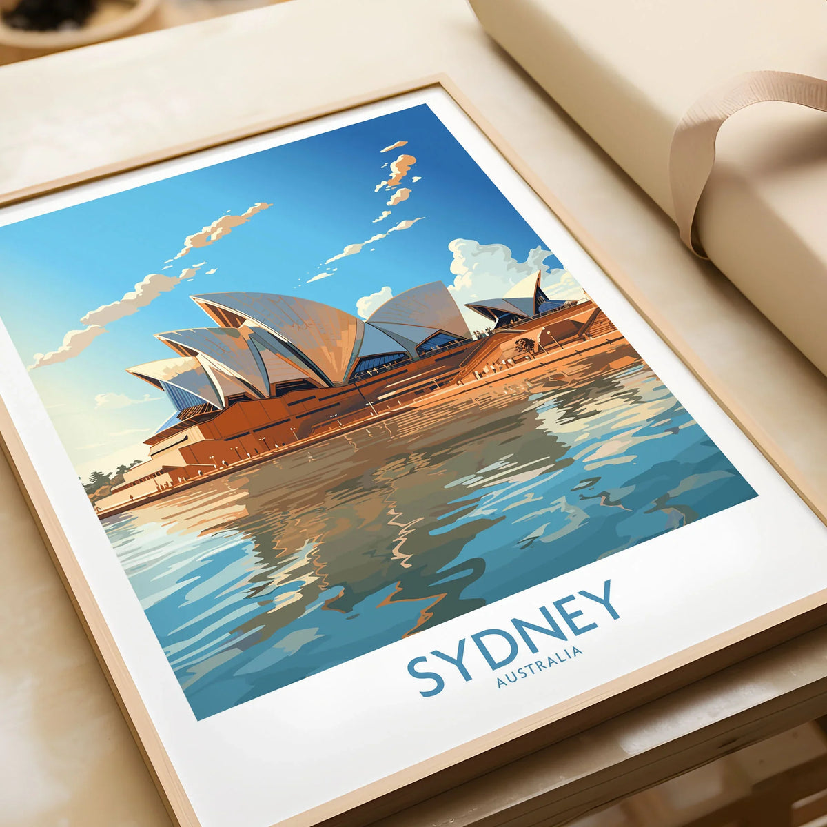 Sydney Print in a natural wood frame beside wrapped gift packaging, close-up detail