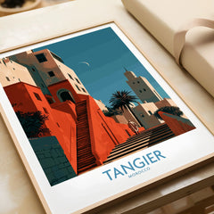 Tangier Morocco Crescent Moon Wall Art — coral kasbah steps climbing towards a minaret under a crescent moon, shown as framed art print closeup gift unwrapped natural frame