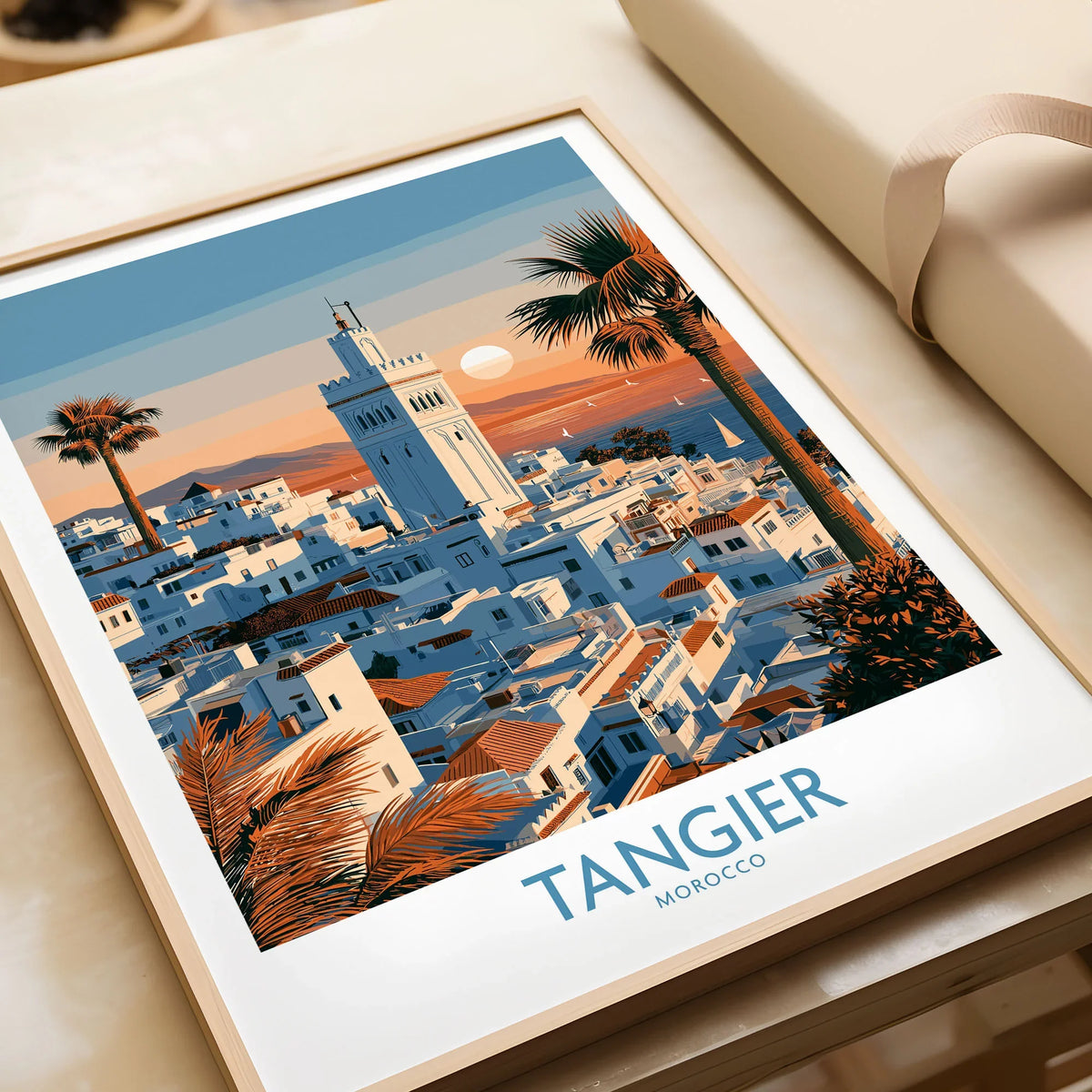 Tangier Morocco Sailboats and Rooftops Wall Art — Tangier medina rooftops and a minaret above a bay dotted with sails, shown as framed art print closeup gift unwrapped natural frame