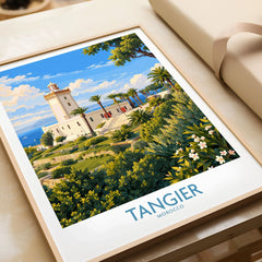 Tangier Morocco Lighthouse Gardens Wall Art — the Cap Spartel lighthouse above palm gardens and the blue strait, shown as framed art print closeup gift unwrapped natural frame