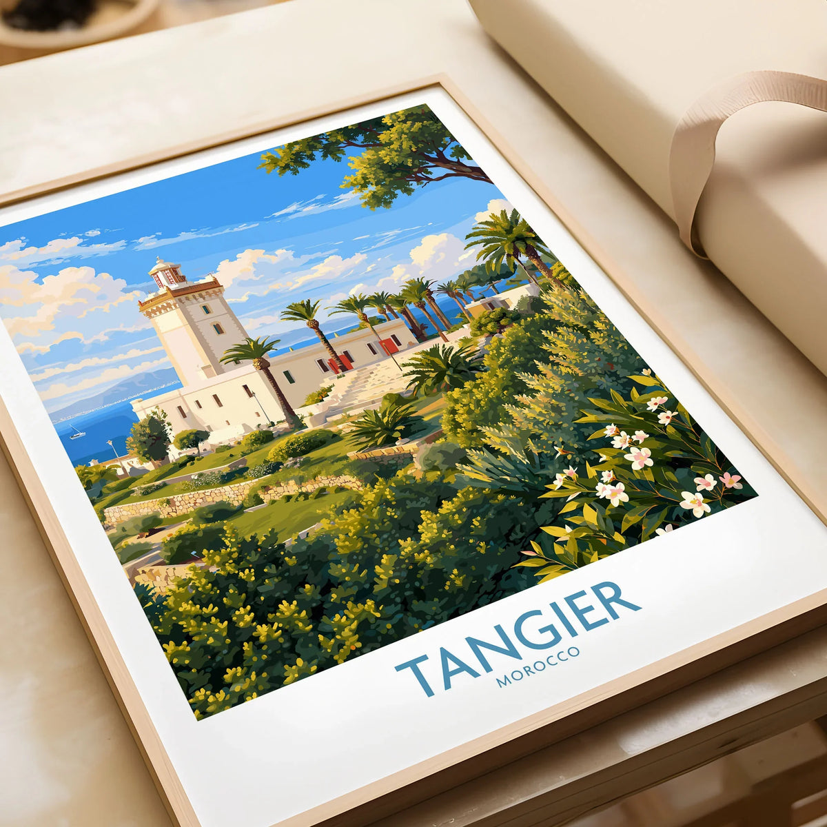 Tangier Morocco Lighthouse Gardens Wall Art — the Cap Spartel lighthouse above palm gardens and the blue strait, shown as framed art print closeup gift unwrapped natural frame