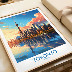 Toronto Wall Art Print in a natural wood frame beside wrapped gift packaging, close-up detail