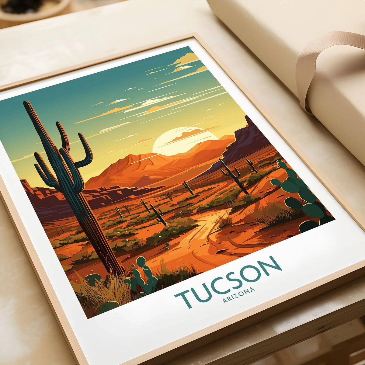 Tucson Art Print in a natural wood frame beside wrapped gift packaging, close-up detail