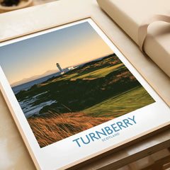 Turnberry Scotland Rocky Shore Wall Art — the Turnberry lighthouse above a rocky shore with the Arran hills beyond, shown as framed art print closeup gift unwrapped natural frame