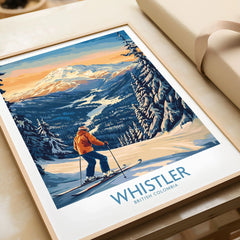 Whistler Ski Print - British Columbia in a natural wood frame beside wrapped gift packaging, close-up detail