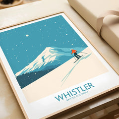 Whistler Wall Art Print -  British Columbia in a natural wood frame beside wrapped gift packaging, close-up detail