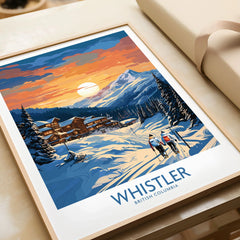 Whistler Print in a natural wood frame beside wrapped gift packaging, close-up detail