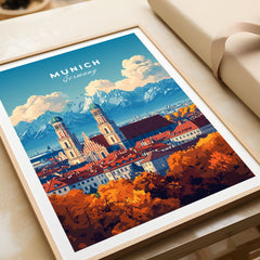 Munich Travel Print in a natural wood frame beside wrapped gift packaging, close-up detail