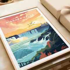 Niagara Falls Print in a natural wood frame beside wrapped gift packaging, close-up detail