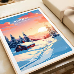 Norway Art Print in a natural wood frame beside wrapped gift packaging, close-up detail