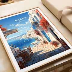 Paros Travel Poster in a natural wood frame beside wrapped gift packaging, close-up detail