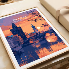 Prague Poster in a natural wood frame beside wrapped gift packaging, close-up detail